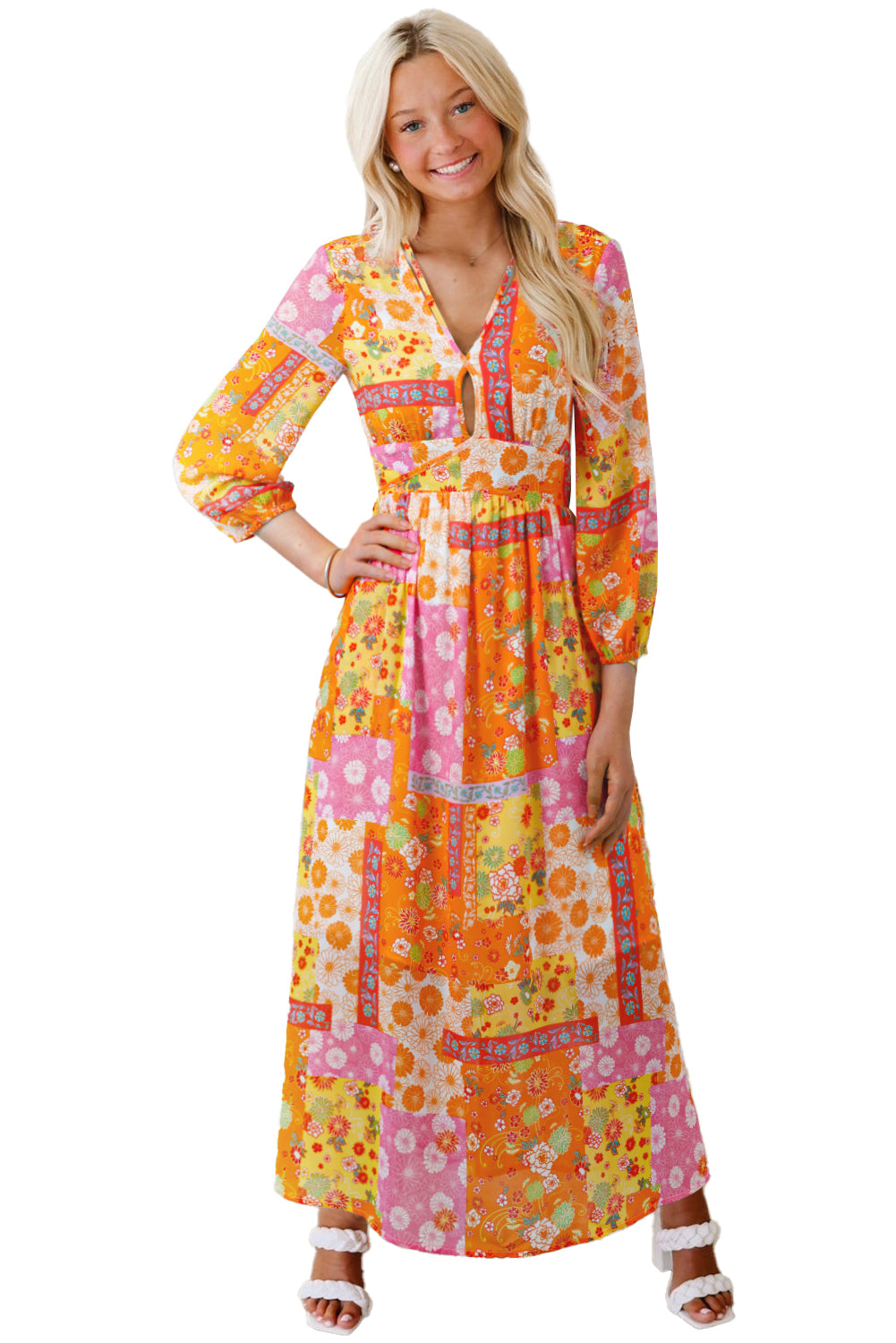 Orange Floral Patchwork Print Cut out Tied Back Bracelet Sleeve Maxi Dress Maxi Dresses 20c38e6ccc0ddcff