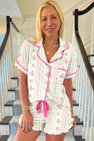 Beige Bow and Cherry Print Ruffle Hem Shorts Pajama Set Two Piece Shorts Sets 20cf86286a8b61ef