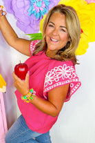 Strawberry Pink Floral Embroidered Flutter Sleeve Pleated Plus Size Blouse Plus Size Tops 2110302cf142e935