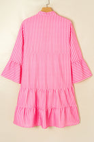Pink Stripe Flare Sleeve Half Placket Tiered Flowy Mini Dress Short Dresses 2118664f1a457087