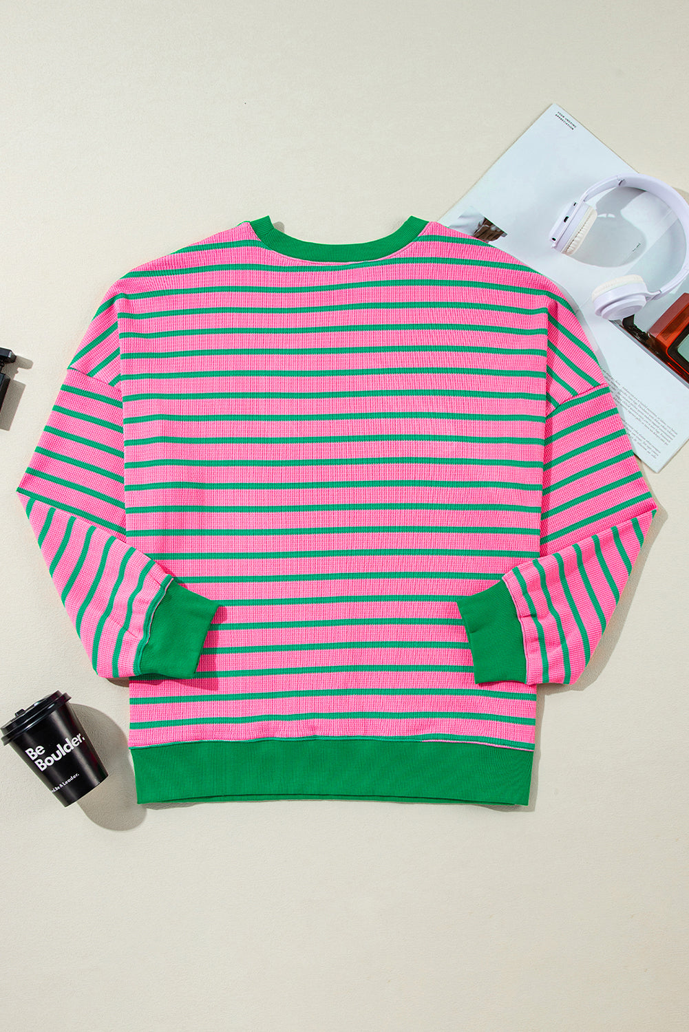 Pink Stripe Waffle Knit Crew Neck Plus Size Sweatshirt Plus Size Tops 2125c1e3a47fde8e