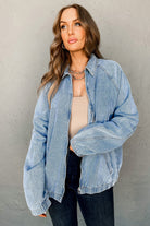 Myosotis Elastic Hem Collared Zip Up Denim Jacket Jackets 214a605e042ebfb8