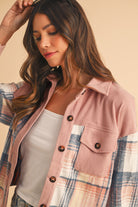 Light Pink Plaid Corduroy Patchwork Pocket Loose Shacket Jackets 2150221f62b4aa07
