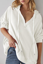 White Oversize Waffle Drop Shoulder Exposed Seam V Neck Hoodie Sweatshirts & Hoodies 2156ec198164b8dd