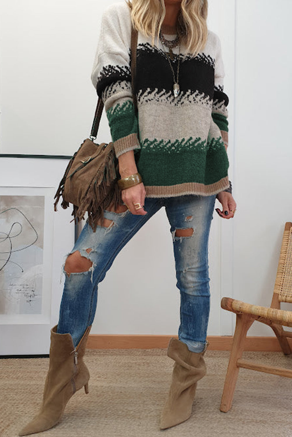 Black Stylish Color Block Pattern Drop Shoulder Sweater Sweaters 21681eb28a371d9b