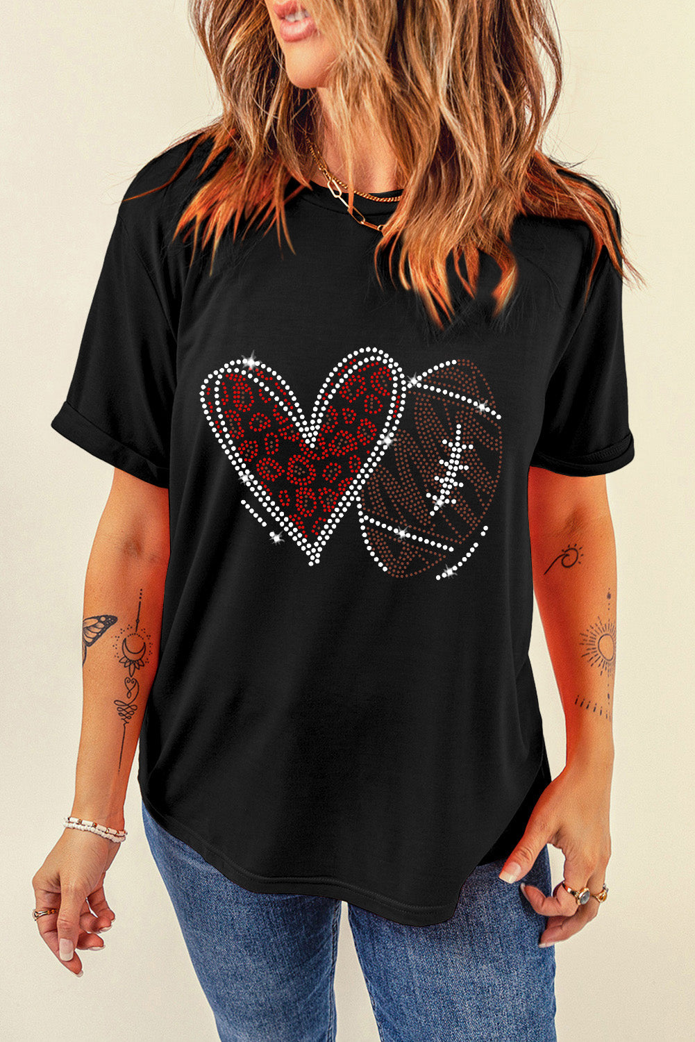 Black Rhinestone Rugby Heart Shape Graphic Crewneck T Shirt Graphic Tees 2168e253b0fb46df