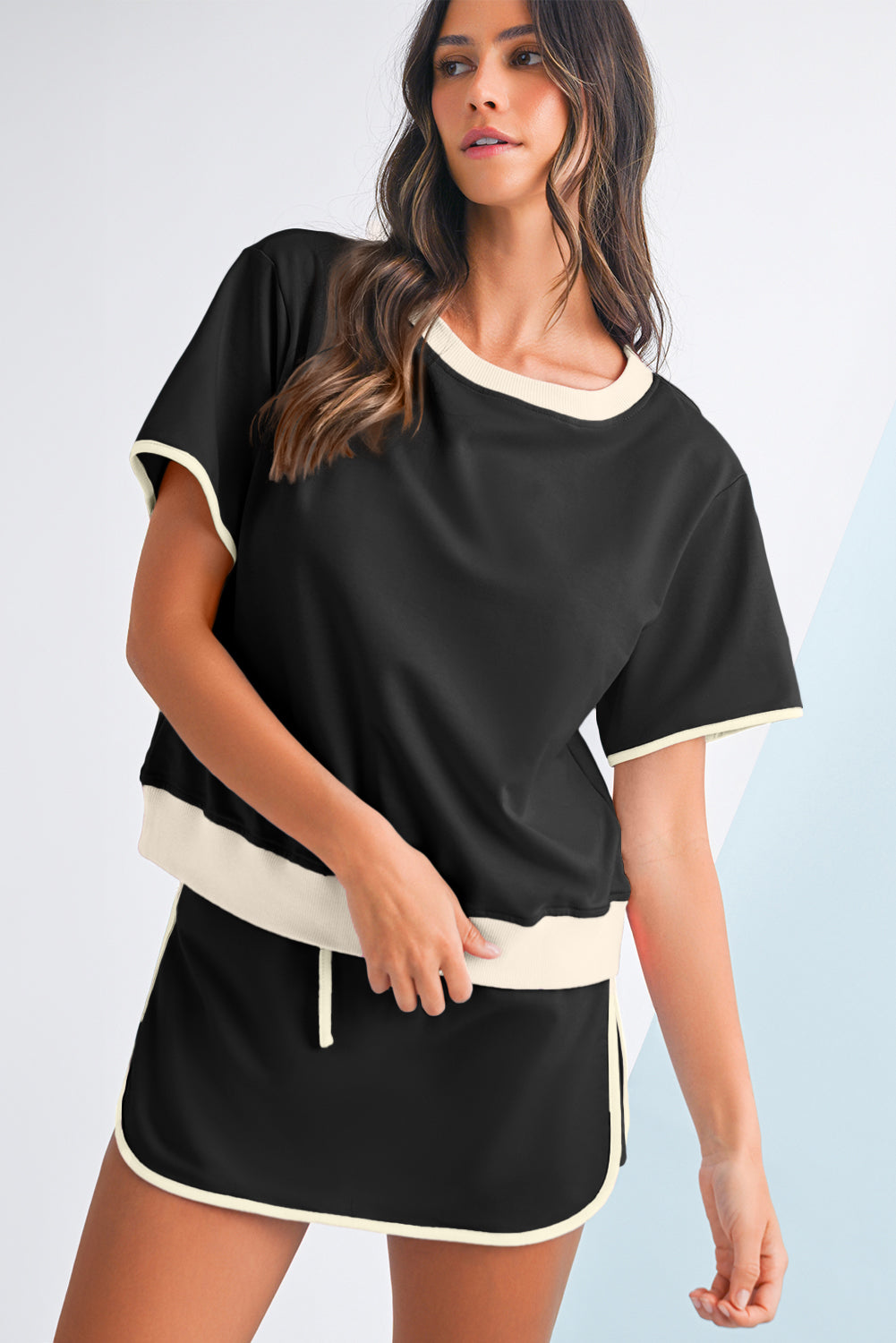 Evergreen Colorblock Edge Drop Shoulder T Shirt and Skort Set Two Piece Shorts Sets 2173f331be7af5bb