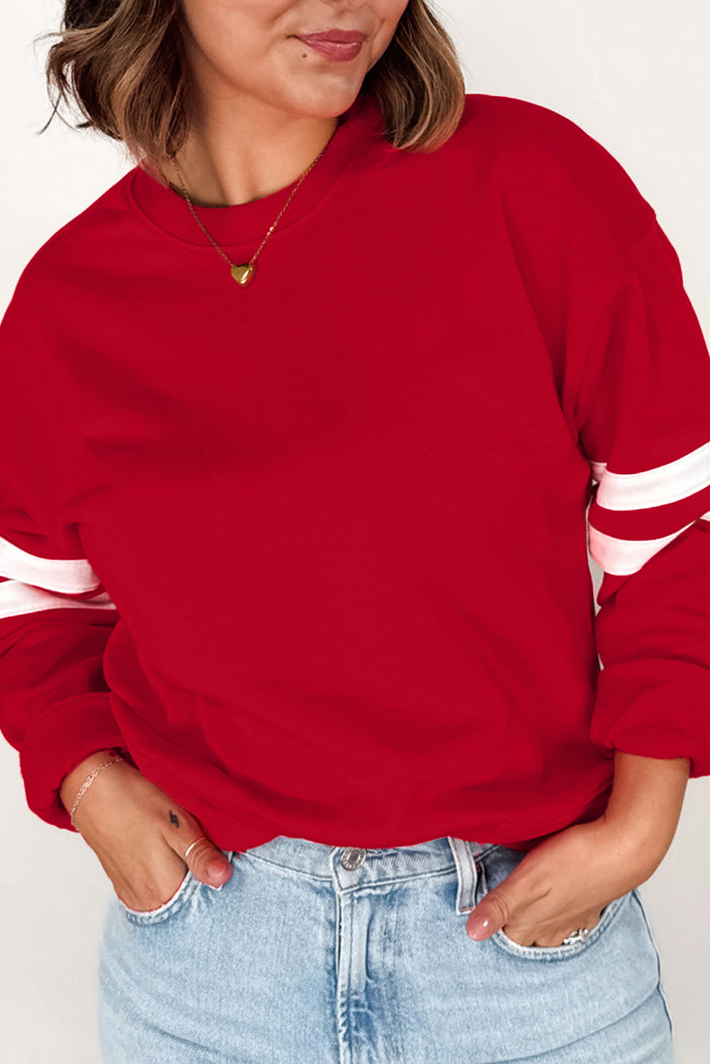 Fiery Red Varsity Striped Detail Plus Size Round Neck Sweatshirt Plus Size Tops 217b6a8c0b89a5a5