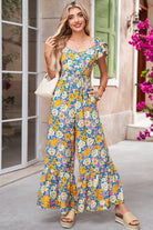 Yellow Floral Allover Print Shirred Cut Out High Waist Jumpsuit Jumpsuits 219a68e6528db8f3