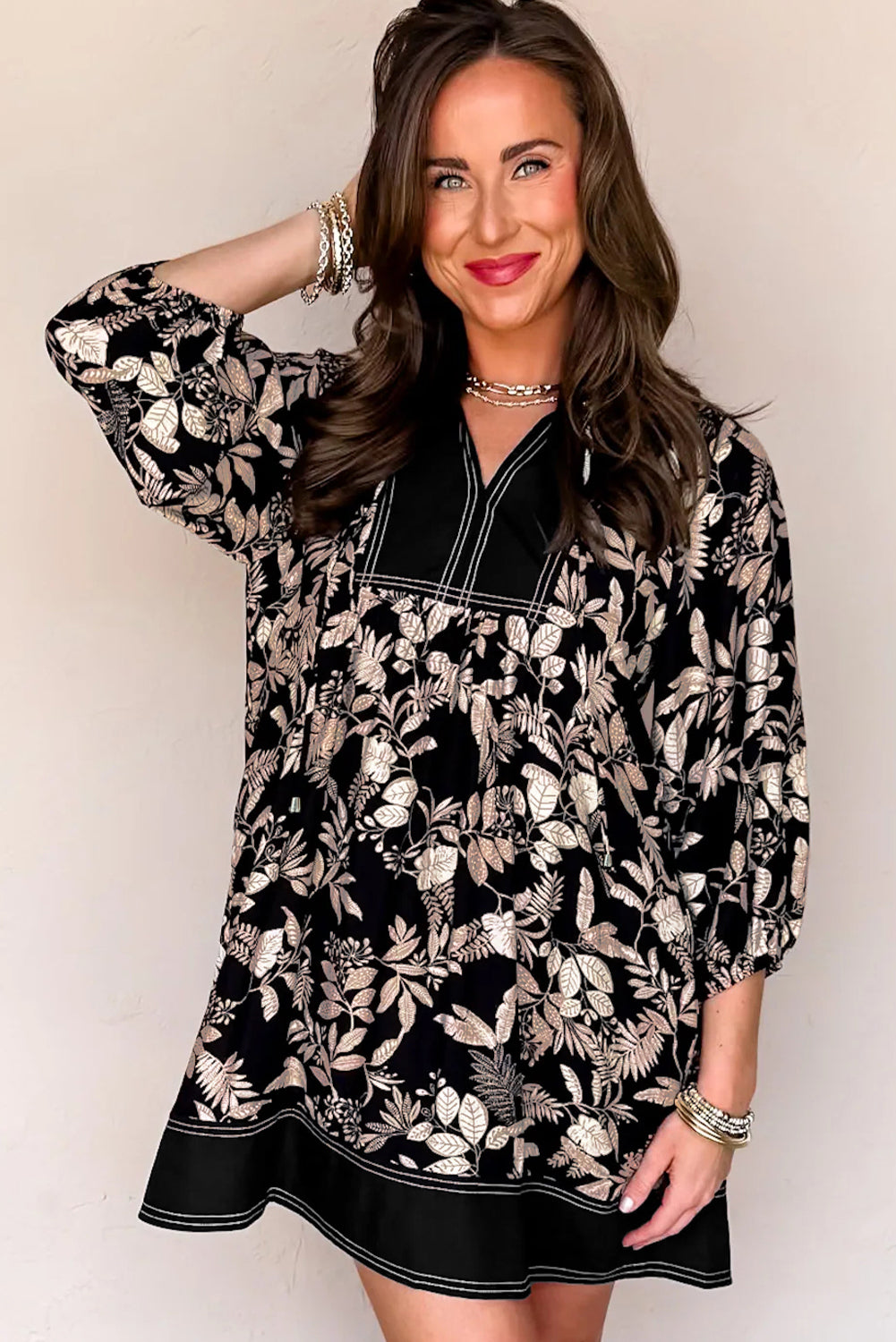 Black 3/4 Sleeve Botanical Print Split Neck Loose Mini Dress Mini Dresses 21fa49af8e73e872