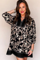 Black 3/4 Sleeve Botanical Print Split Neck Loose Mini Dress Mini Dresses 21fa49af8e73e872
