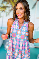 Sky Blue 60s Flower Split Neck Sleeveless Tiered Maxi Dress Maxi Dresses 220147dad6dffe36