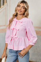 Pink Striped Print Sweet Bow Tie Blouse Blouses 22216fd6a190d378