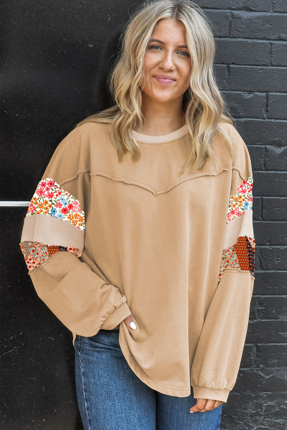 Khaki Exposed Seam Floral Mixed Patchwork Plus Size Top Plus Size Tops 222c13808950c351