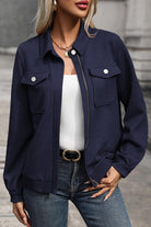 Navy Blue Solid Color Zip Up Button Flap Pocket Shirt Collar Jackets Jackets 22393d7104815be9