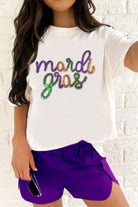 Wisteria Sequin mardi gras Letter Print Crewneck Tee Graphic Tees 2258aca5290e52fb