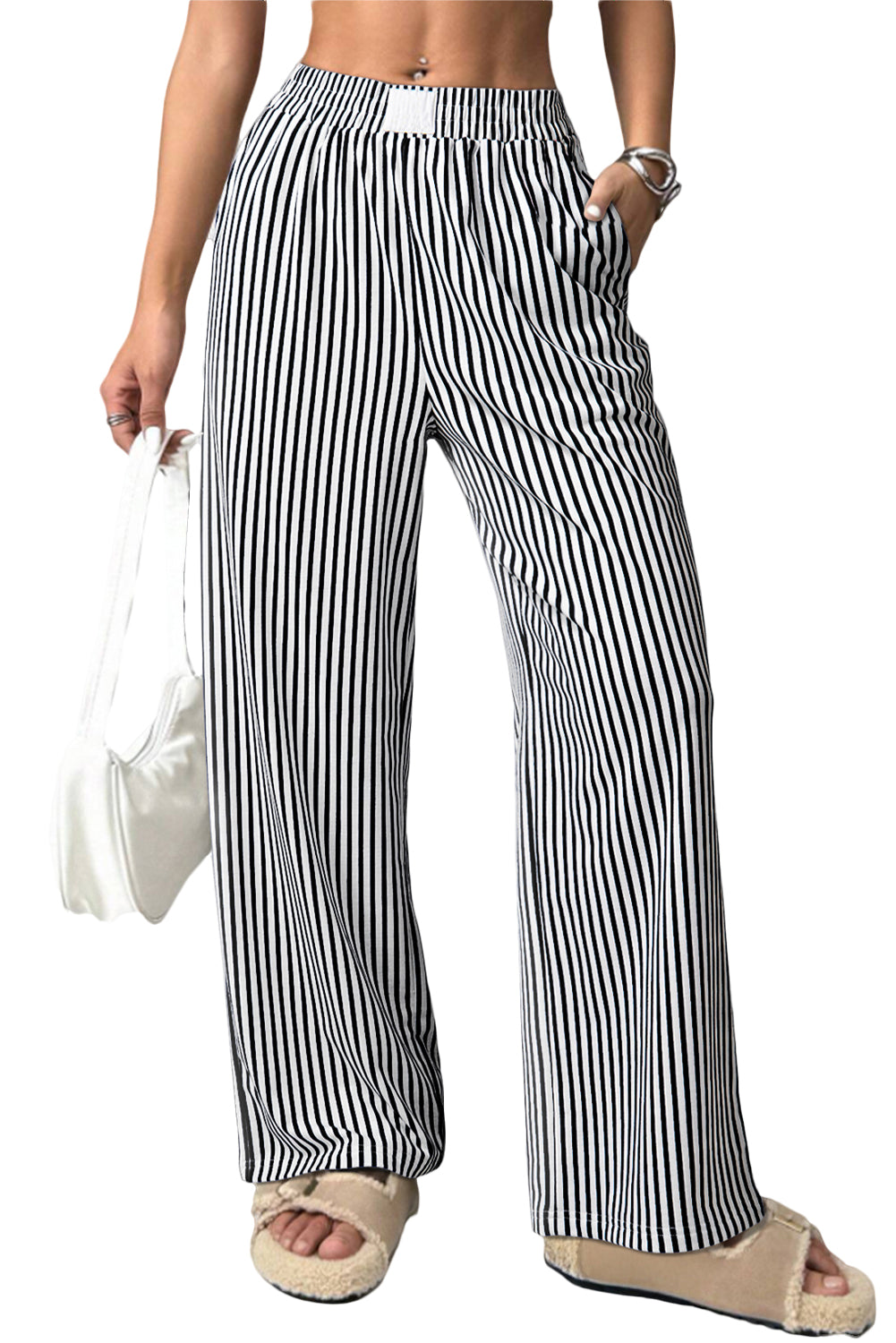 Brown Striped Elastic Waistband Pocketed Loose Pants Pants 226bd39391f55353
