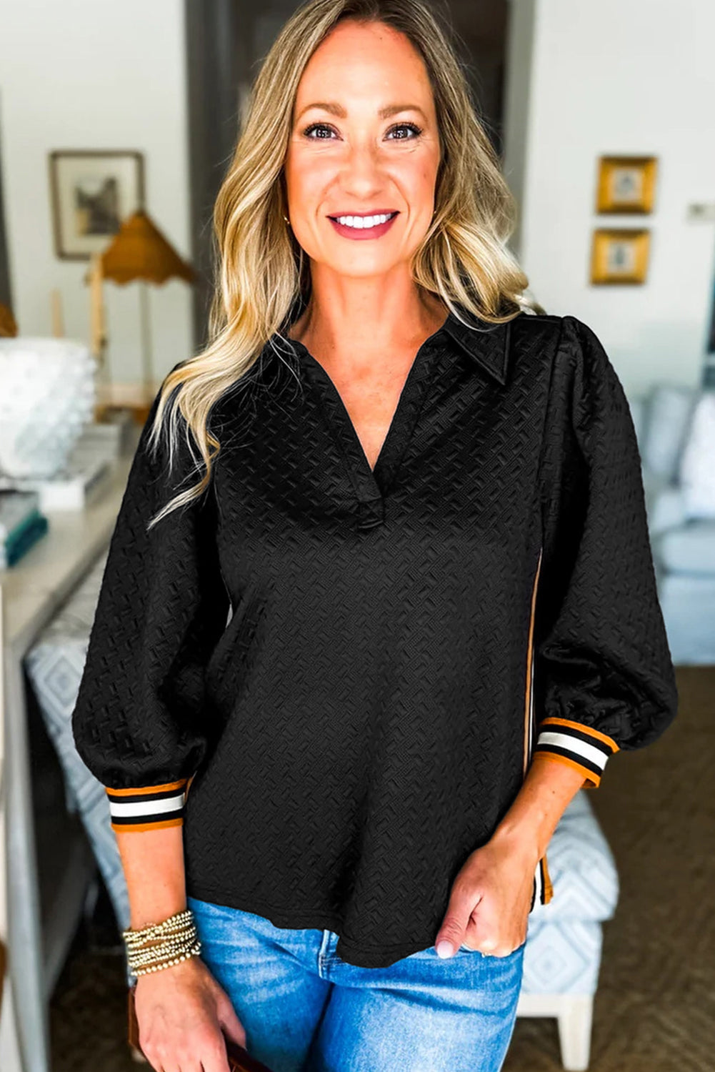 Black Textured V Neck Colorblock Cuffs Sweatshirt Sweatshirts & Hoodies 2297185cec9f0a42