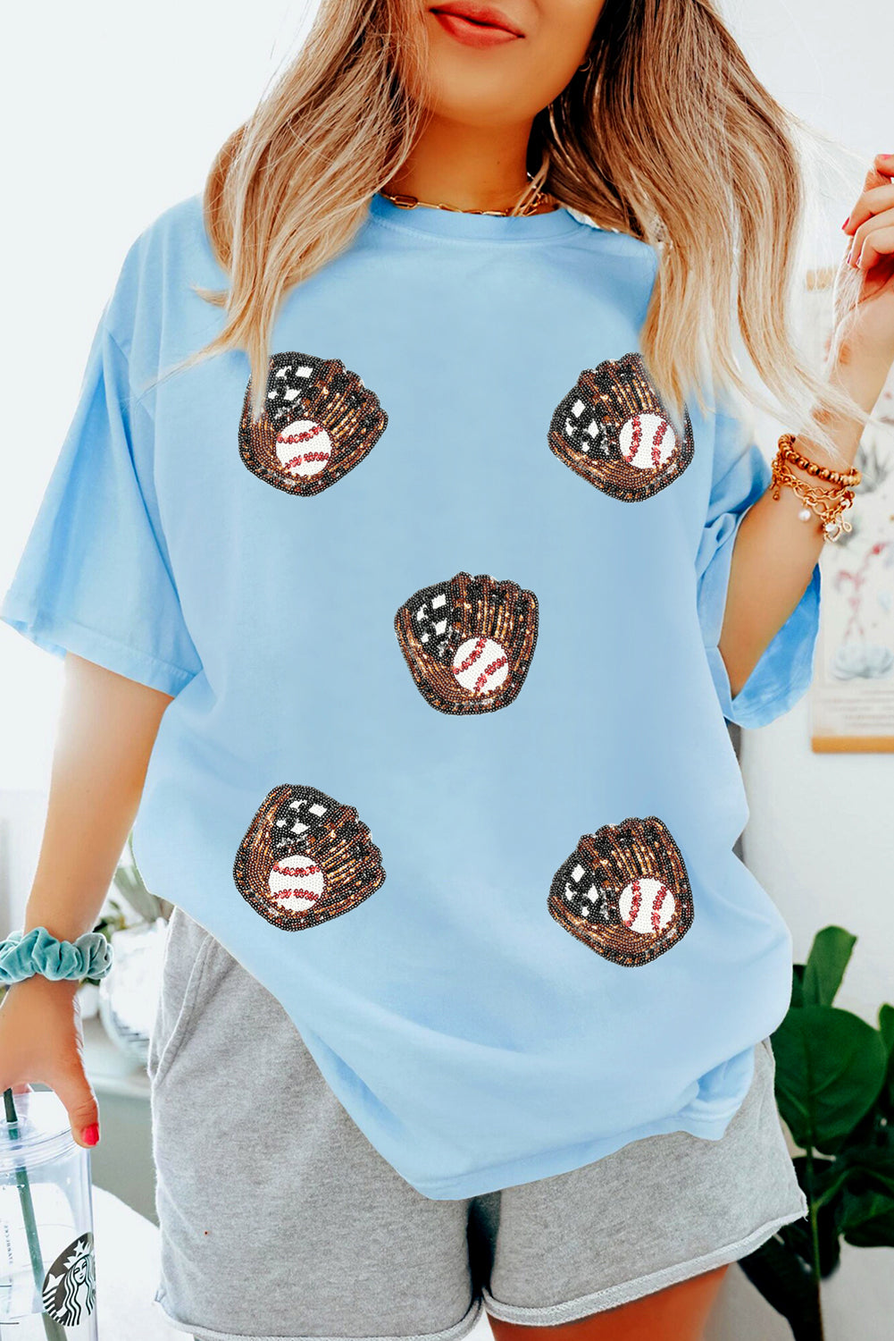 Light Blue Baseball Sequin Patched Casual T Shirt Graphic Tees 22b69680130a9414