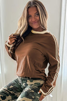 Dark Brown Varsity Striped Crew Neck Long Sleeve Top Long Sleeve Tops 22b8ffd9c328bef5