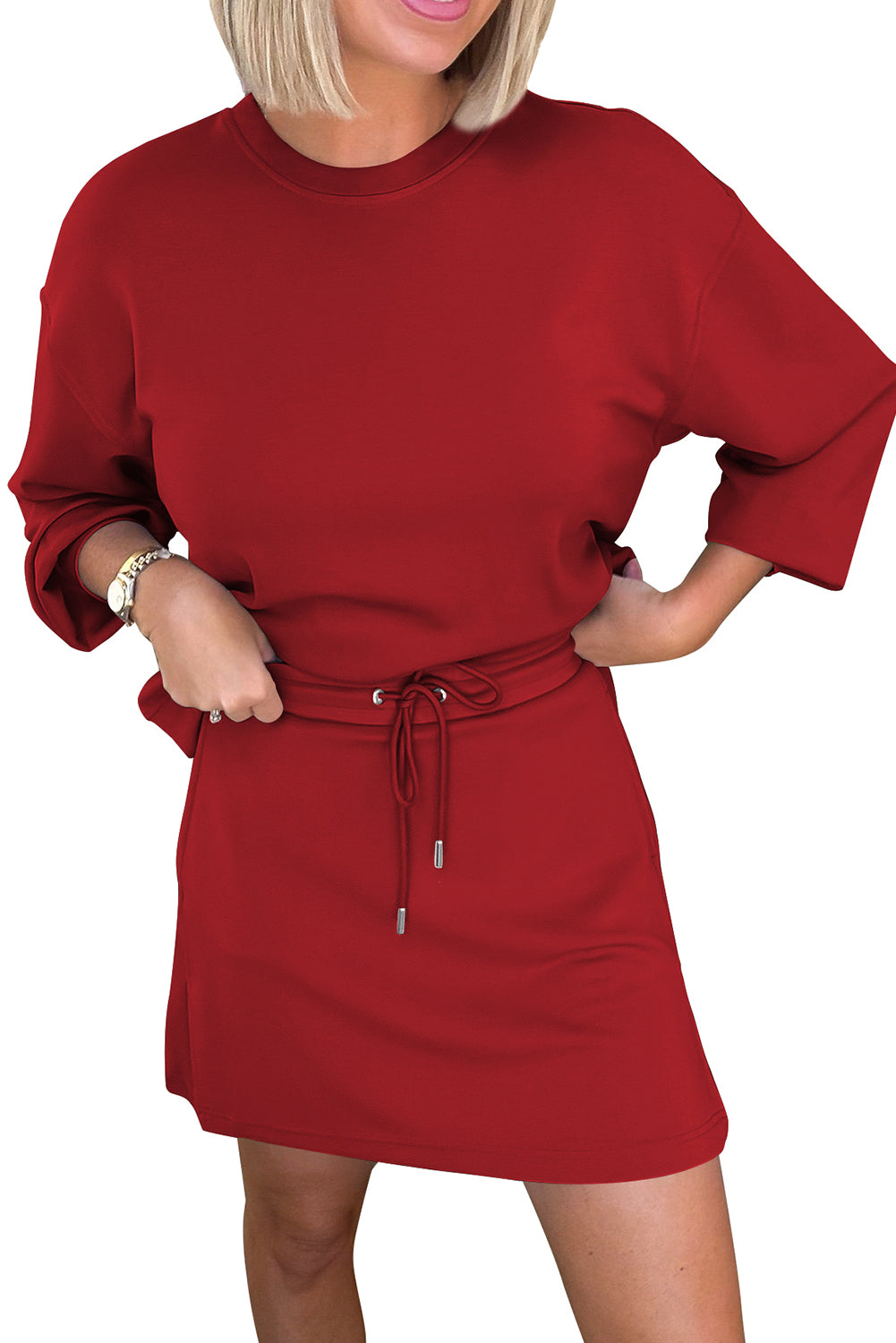 Racing Red Solid Color Drop Shoulder Pullover Drawstring Mini Skirt Set Two Piece Skirt Sets 22cc6c249e1089bd
