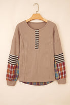Beige Waffle Stripe Plaid Patchwork Henley Top Long Sleeve Tops 22ff37df7966df50