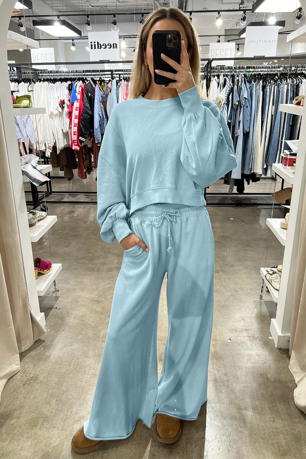 Light Pink Drop Shoulder Crop Pullover Drawstring Wide Leg Pants Set Two Piece Pants Sets 23045c7bd7825bd4