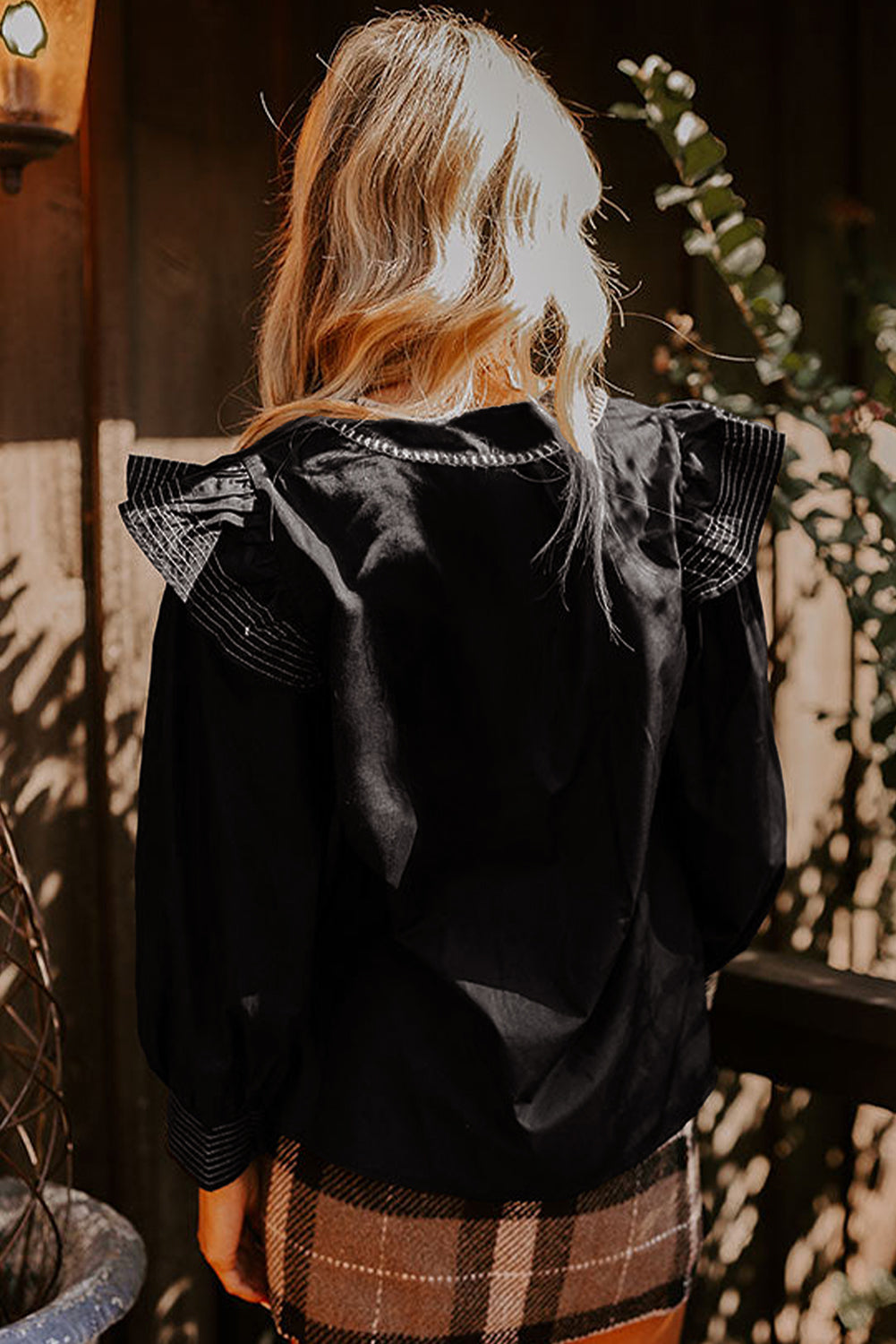 Black Contrast Stitched Detail V Neck Ruffle Long Sleeve Blouse Blouses 230e786ea03a8185