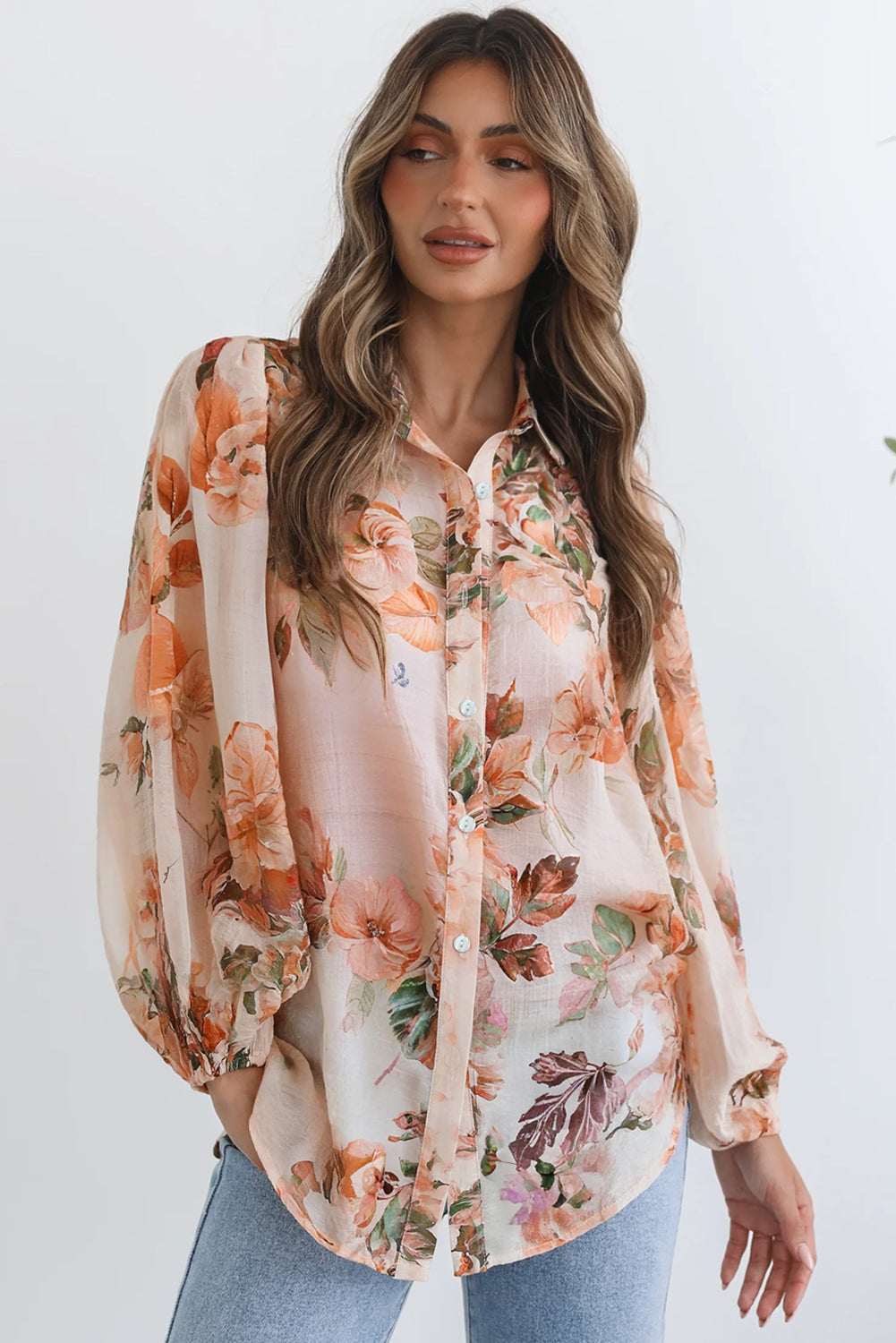 Orange Floral Puff Sleeve Lightweight Shirt Blouses 2314f1d0743e5b13