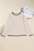 Parchment Ribbed Contrast Leopard Edge Round Neck Plus Size Top Plus Size Tops 2347dd804c9c0ee1
