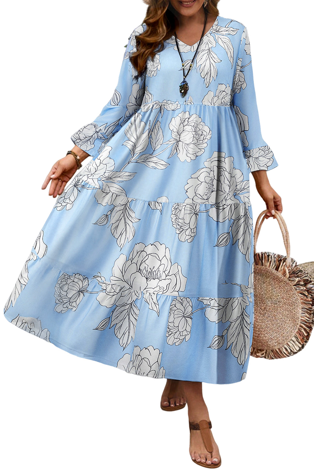 Sky Blue Floral Bell Sleeve V Neck Plus Size Tiered Maxi Dress Plus Size Dresses 23575d1d1e5c5a5b