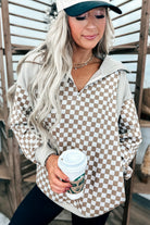 Khaki Checkered Print Quarter Zip Ribbed Patchwork Loose Sweatshirt Sweatshirts & Hoodies 2397ddc04c45cd35