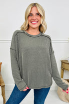 Green Bay Twisted Rib Exposed Seam Detail Long Sleeve Loose Top Long Sleeve Tops 2399994ab26c1fcf