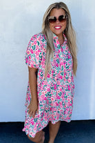 Pink Plus Size Floral Half Button Puff Sleeve A Line Dress Plus Size Dresses 23e3b627c56124fb