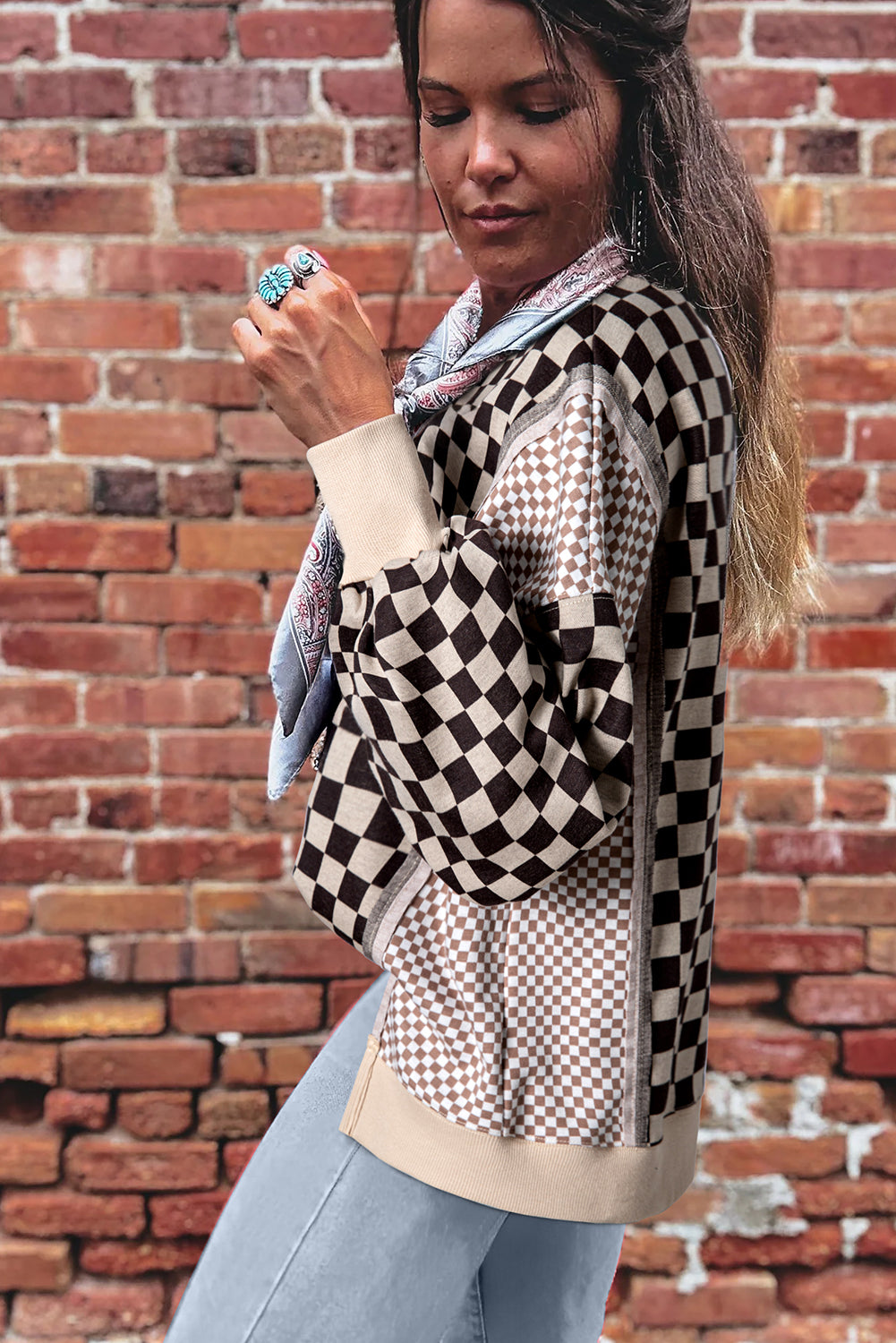 Khaki Mixed Checkered Pattern Patchwork High Low Casual Top Long Sleeve Tops 23eb41f10ba559ea