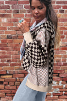 Khaki Mixed Checkered Pattern Patchwork High Low Casual Top Long Sleeve Tops 23eb41f10ba559ea