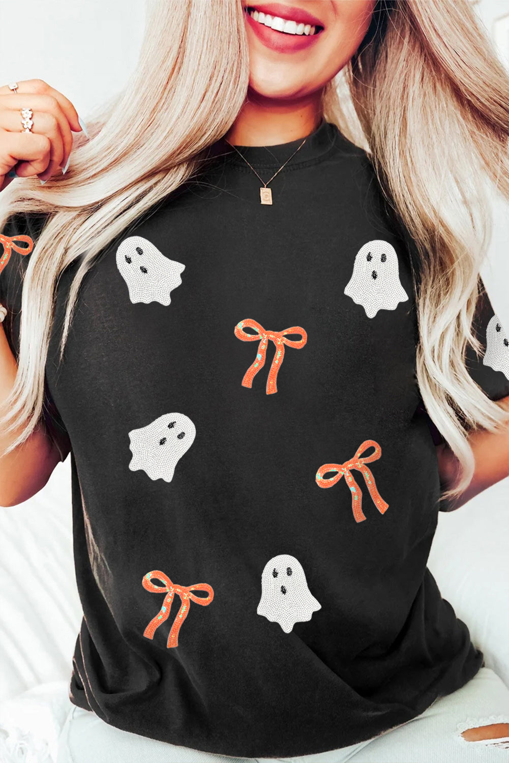 Black Bow Ghost Sequin Patched Halloween Graphic Tee Graphic Tees 241b52538a58247f