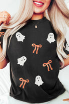 Black Bow Ghost Sequin Patched Halloween Graphic Tee Graphic Tees 241b52538a58247f