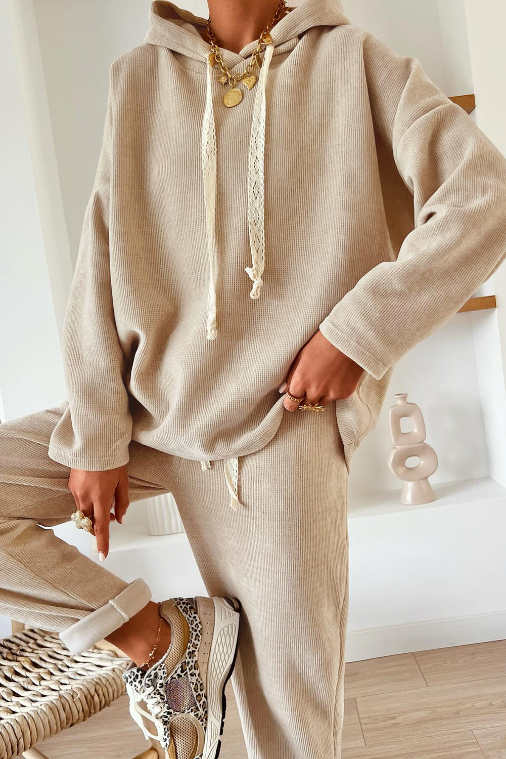 Jet Stream Drawstring Pullover Hoodie and High Waist Pants Corduroy Suit Two Piece Pants Sets 2443b8e16a59fb8f