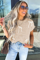 Parchment Bowknot Applique Cap Sleeve Sweater Short Sleeve Sweater 24534ce549f81eea