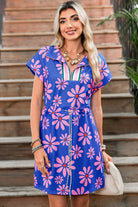 Purple Pop of Color Quarter Zip Collar Drawstring Waist Floral Mini Dress Short Dresses 2456f531c1b4f095