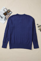 Navy Blue Mix Texture Knit Eyelet Detail Casual Sweater Sweaters 24857d924207d2c1
