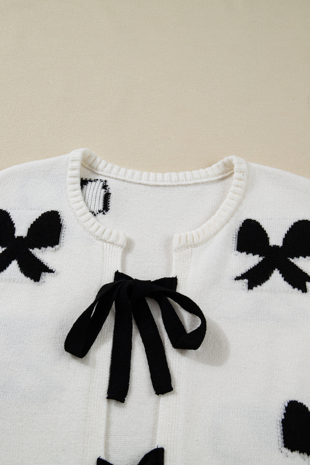 White Lace-Up Front Bow Pattern Round Neck Knit Cardigan Cardigans 2498e60c17c81087