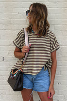 Green Stripe Textured Side Slit Crew Neck T Shirt T Shirts 24dbf01fa25bb40b