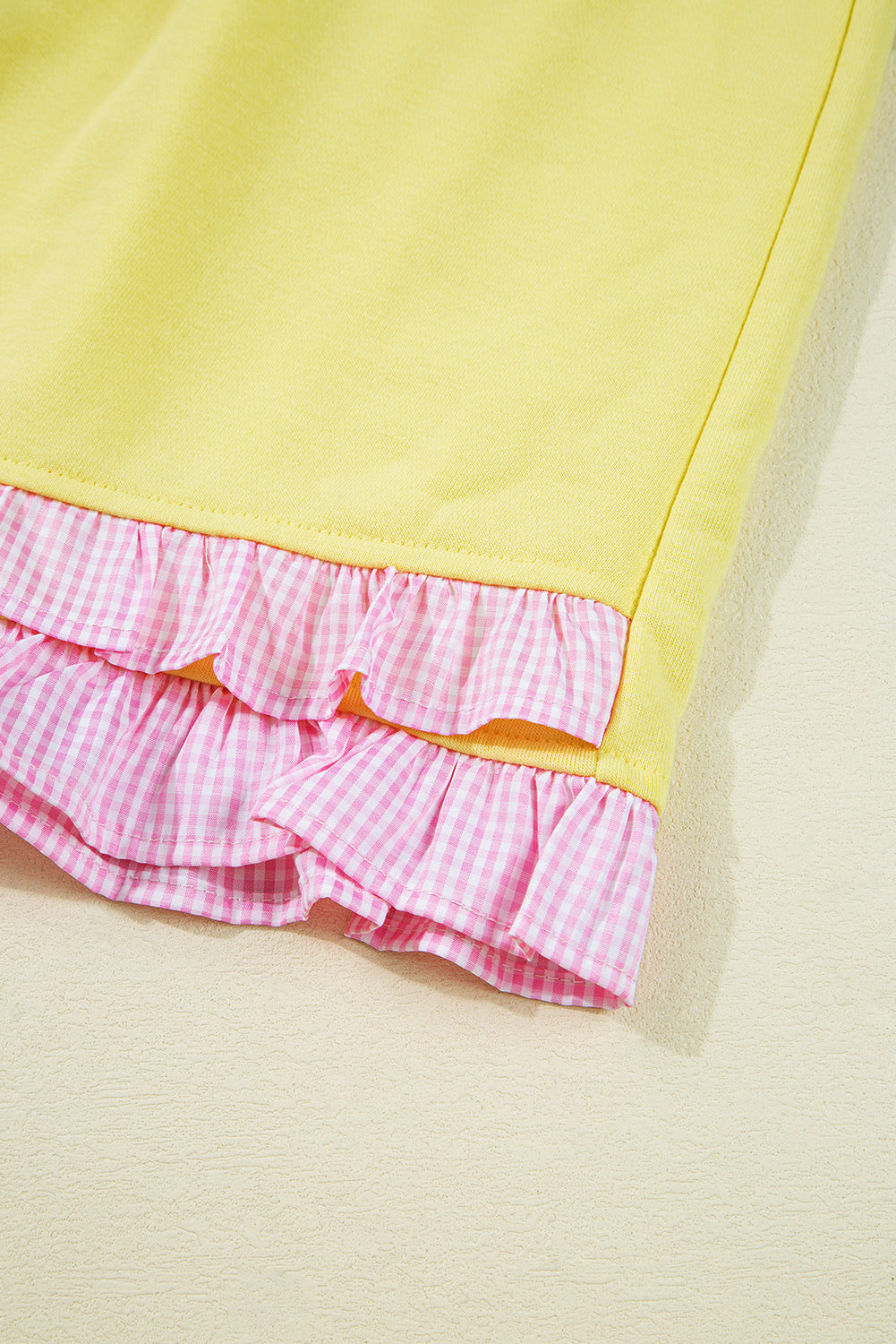 Yellow Ruffle Striped Hem Patchwork Pullover Top and Shorts Plus Size Set Plus Size Matching Sets 24e39f91add7b84d