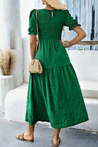 Dark Green Solid Textured Shirred High Waist Midi Dress Midi Dresses 2507fad44c4adf88