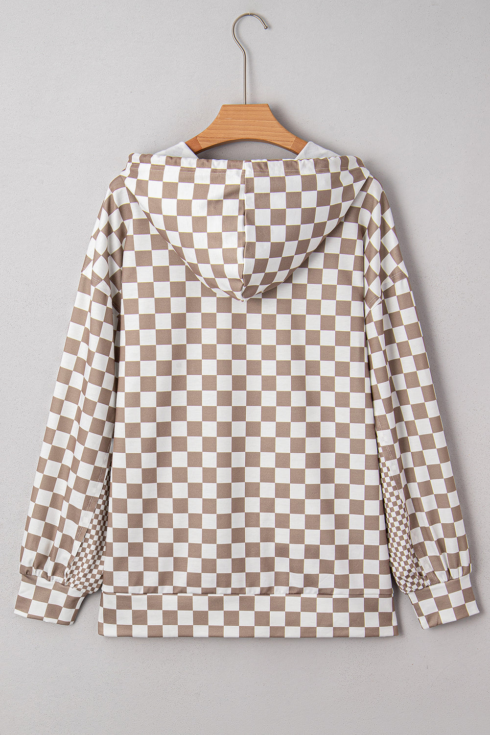 Khaki Double Checkered Patchwork Tie Neck Oversize Hoodie Sweatshirts & Hoodies 252a9b99529ed7b9