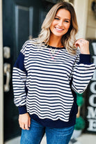 Blue Stripe Contrast Stitched Detail Color Block Patchwork Plus Size Sweatshirt Plus Size Tops 2567c0c78a2780c1
