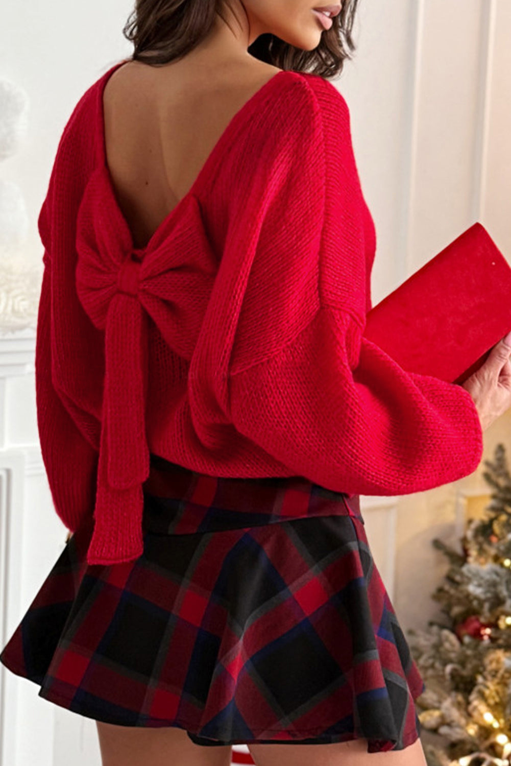 Fiery Red Festive Bow Backless Bubble Sleeve Sweater Sweaters 25731972bd7cc108