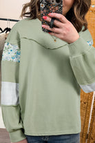 Laurel Green Floral Plaid Mixed Sleeve Raw Edge Relaxed French Terry Top Long Sleeve Tops 25749ee9ae5b203a